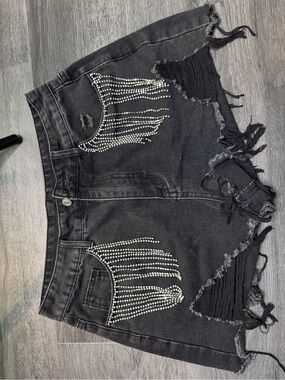 Black Distressed Rhinestone Fringe Denim Shorts - Women